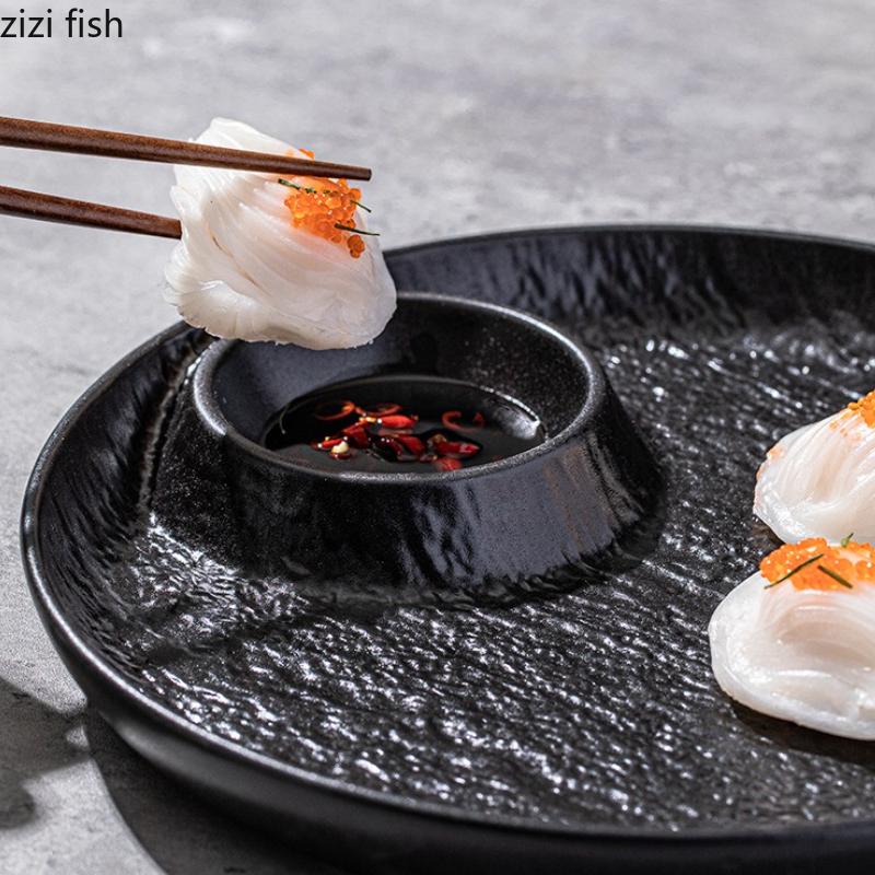 Round Dumpling Plate with Vinegar Dish Dining Plate French Fry Plates Dipping Dish Divided Snack Bowl Fruit Dish Sushi Plates