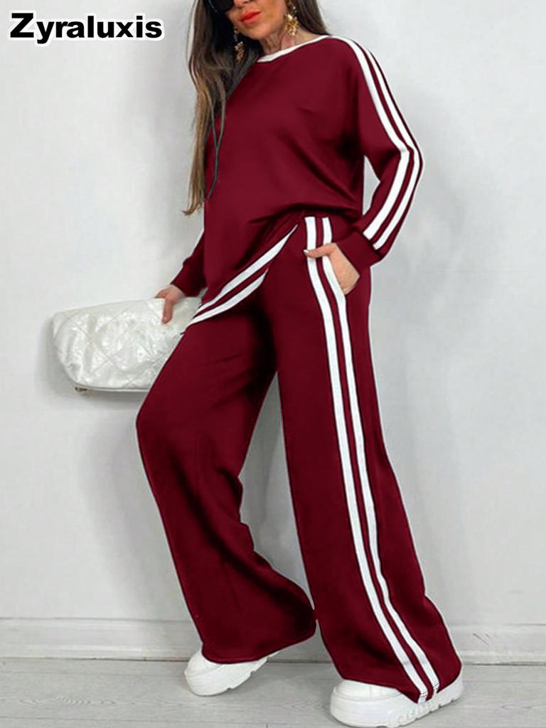 Fall Winter Fashion Casual Striped Long Pants with Long Sleeve New Style Crew Neck Set Women's Clothing