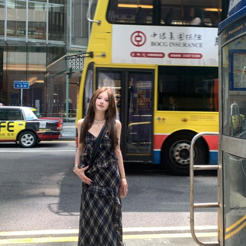 [] French Retro Plaid Suspender Women's Summer New Design Sense Niche Waist Temperament Long Skirt