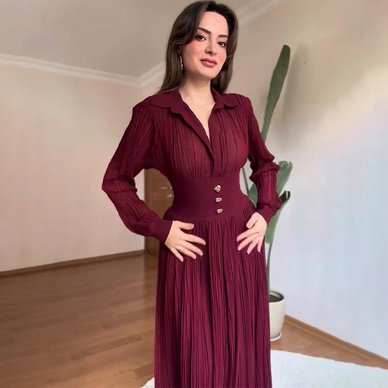 European Elegant Long-Sleeve Polo Collar Pleated Dress - Solid Color, New Style Fashion