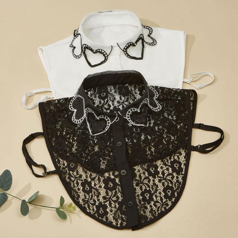 Heart Embroidery White Fake Collar Beads Detachable Collar Fake Women Vintage Crystal Lace Ladies False Blouse Collar Half Shirt