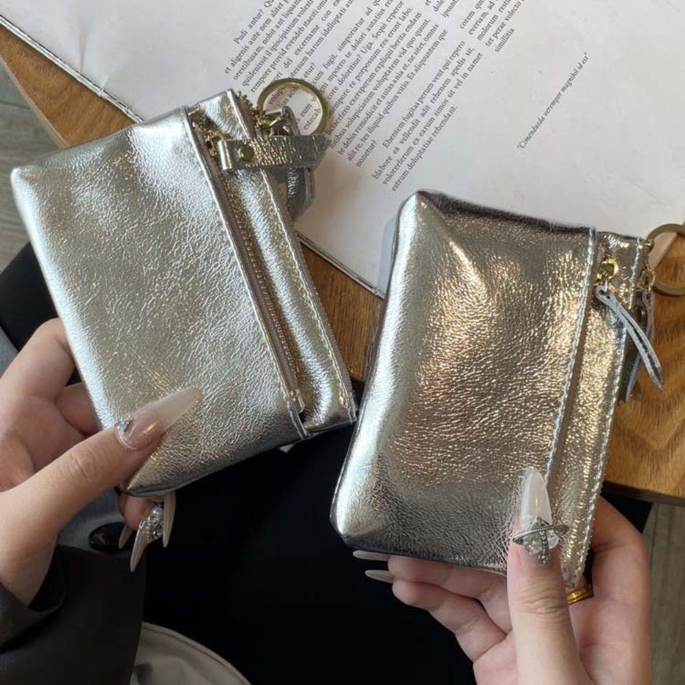 

Genuine Leather Zipper Coin Purse Solid Color Small Item Bag Retro Silver Wallet Men срібний