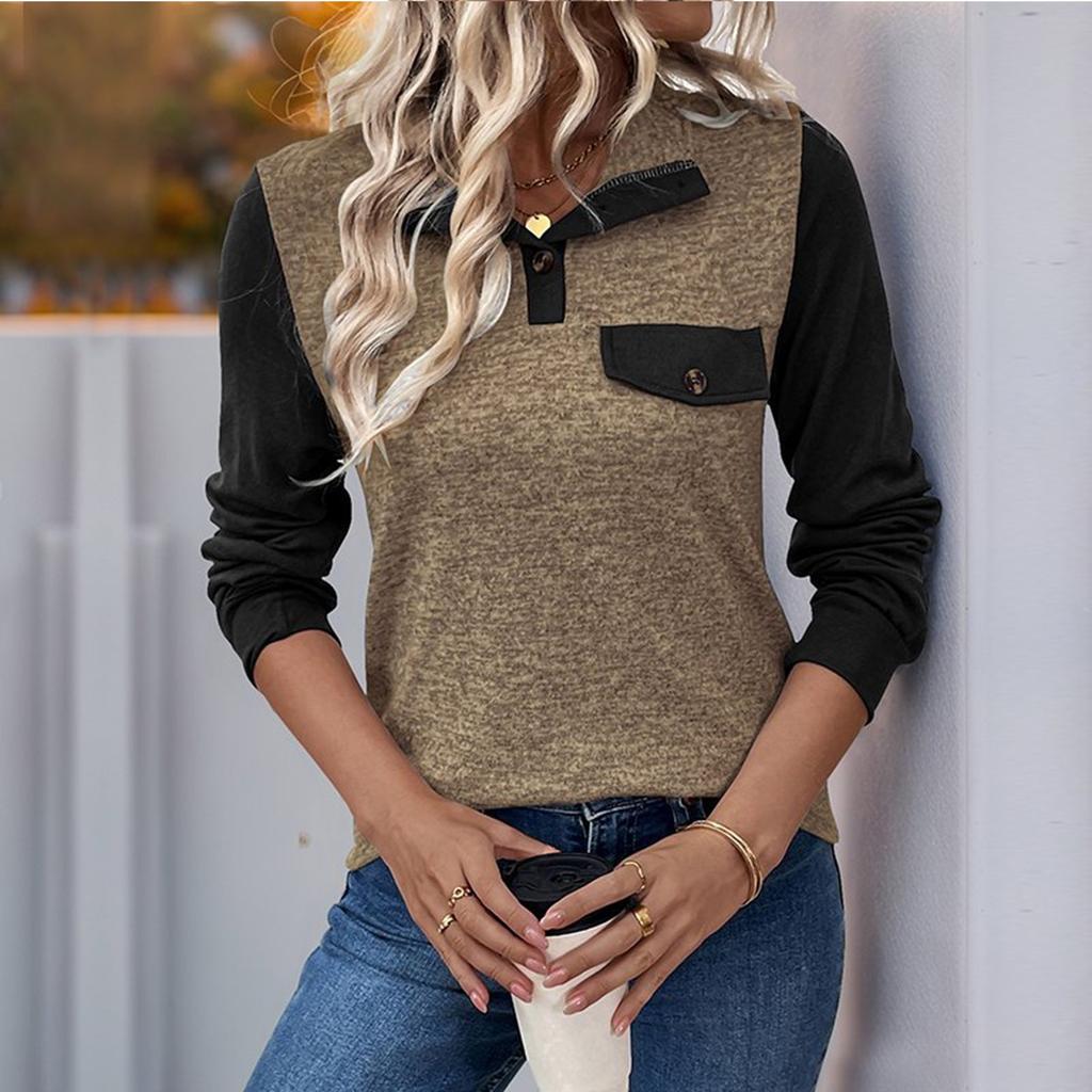 Women's Contrast Color Stitching Top Pullover Lapel Button Casual All-match Top