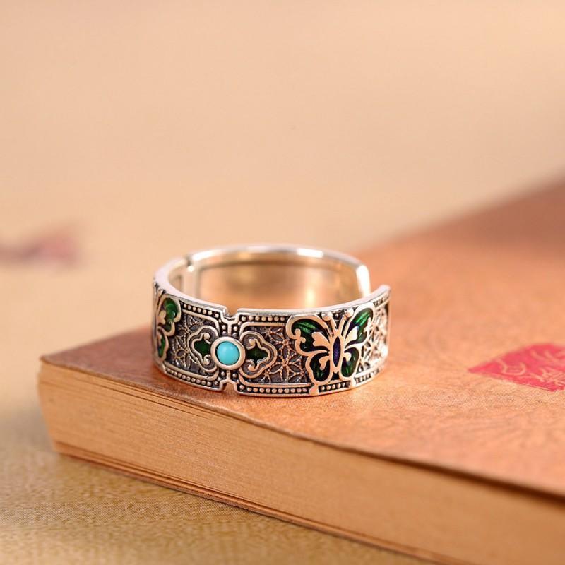 Adjustable Open Ring With Enamel Butterfly Natural Turquoise Stone Vintage Bohemian Style Copper Jewelry Women Men