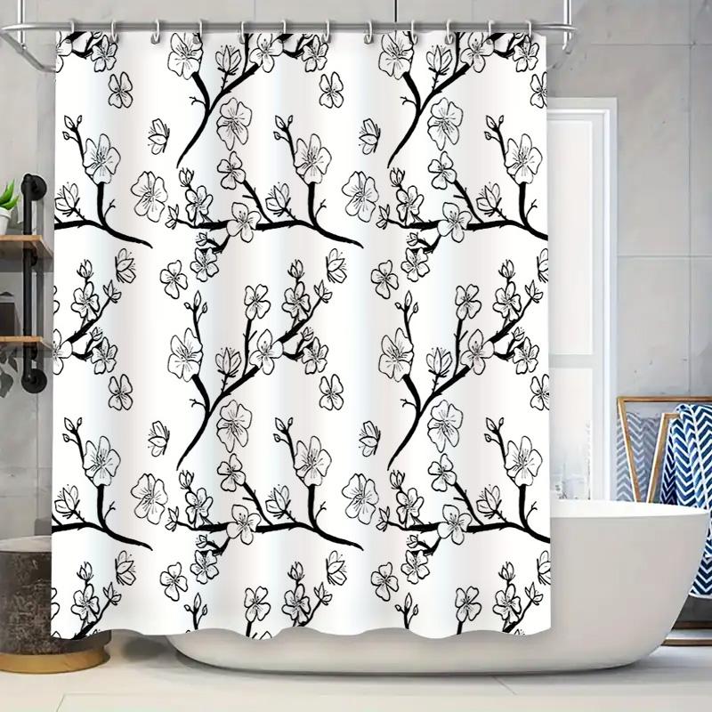 

Floral Shower Curtain Botanical Pattern Black White Bathroom Decor Waterproof Liner Vintage Farmhouse Nature Artistic Wall Hangi 90x180cm