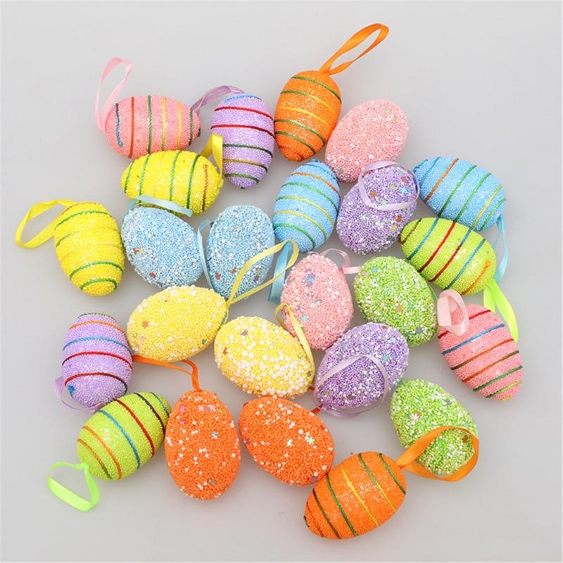 6PCS Set Easter Decorations Ornaments Bright Color Striped Foames Eggs Decorations for Easter Holiday Occasion