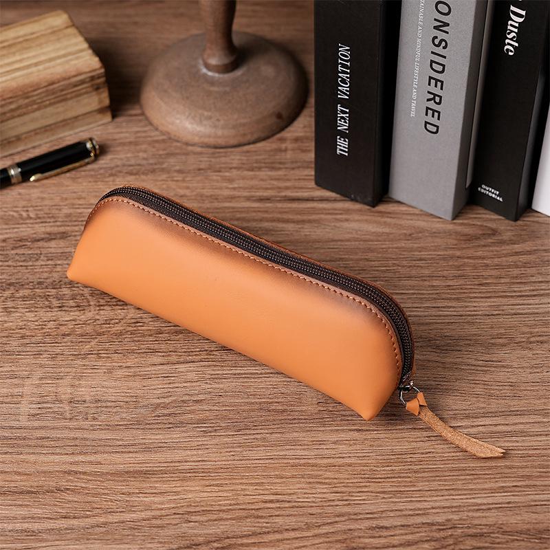 Genuine Leather Multifunctional Pencil Case Stationery Box with Zipper—Portable for Students, Holds 2B Pencils & Glasses