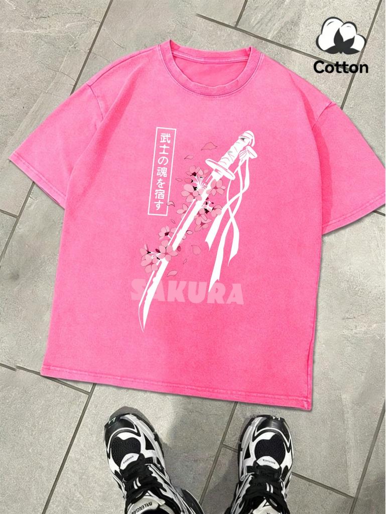 Japanese Katana Sakura Prints Washed TShirts Mens Oversized Cotton T Shirt Summer ONeck Short Sleeve Tops Casual Male Clothes