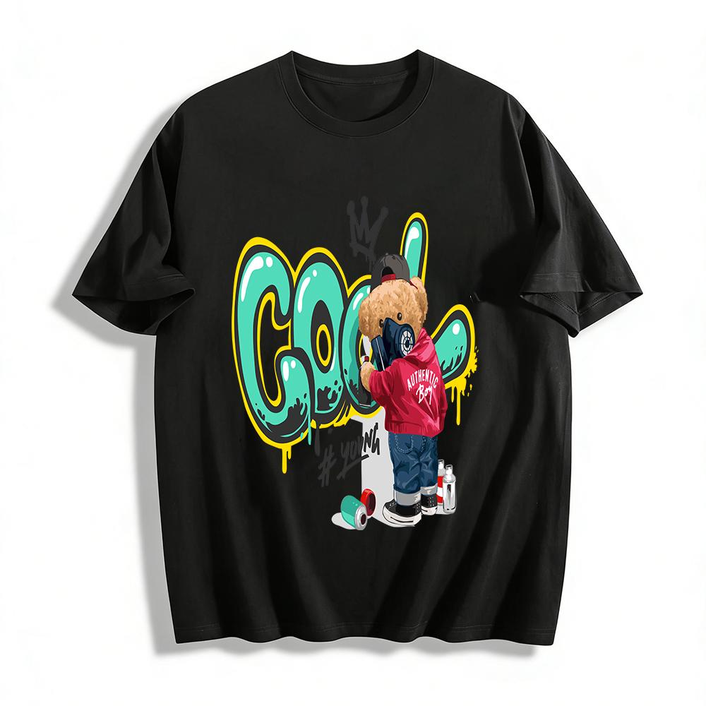 Cool Graffiti Bear Print Youth Loose Casual Street Style Crewneck T-Shirt Pure cotton T-shirt XXS