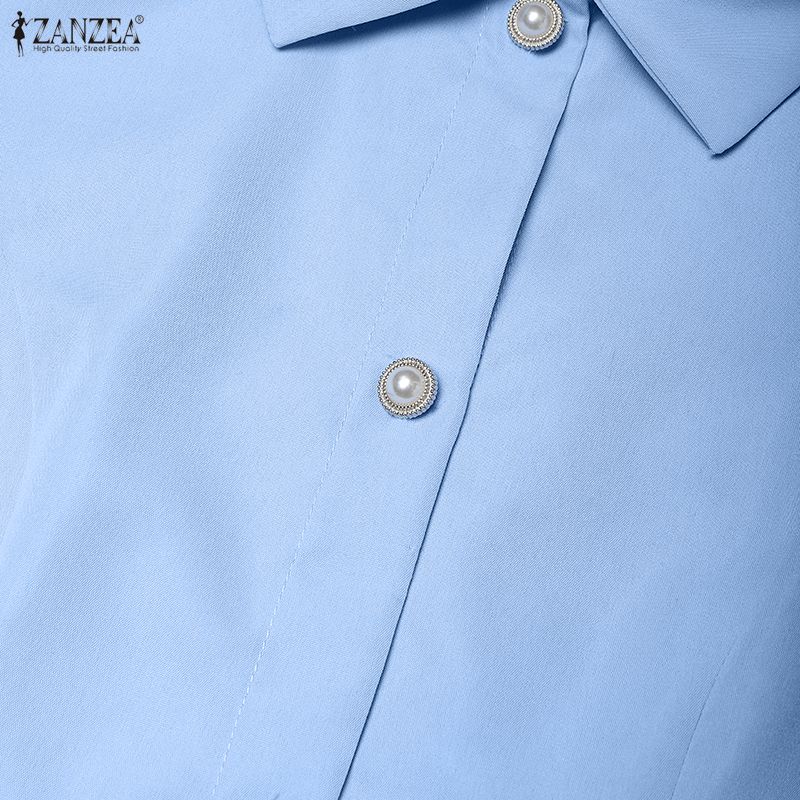 ZANZEA Women Casual Turn Down Collar Short Sleeve Pleated Dress