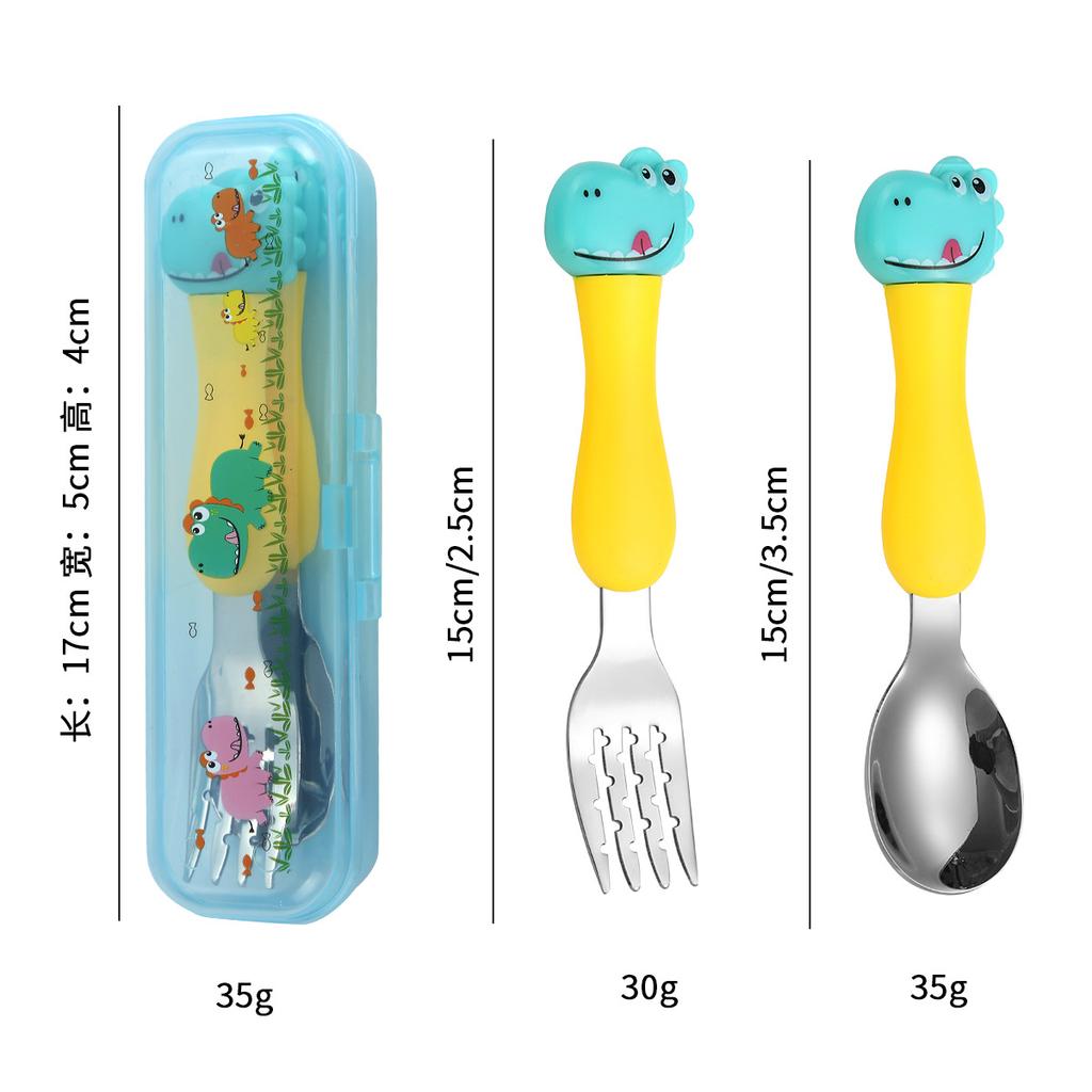 304 Stainless Steel Dinosaur Baby Children's Portable Tableware Cartoon Spoon Fork Learning Training Chopsticks Fork Spoon Set