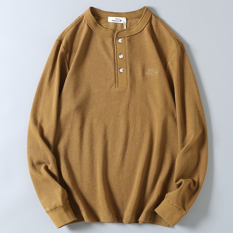 Export American Style Casual Henry Collar Letter Embroidered Long Sleeve T-shirt Men's Spring and Autumn 240G Heavy Weight Waffle Bottoming Shirt