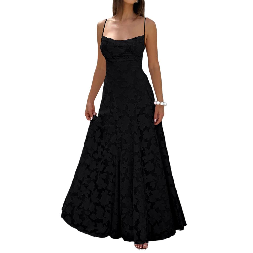 Women’s Casual Lace Patchwork Maxi Dress Sleeveless Spaghetti Strap Long Dress Elegant Evening Party Gown for Summer