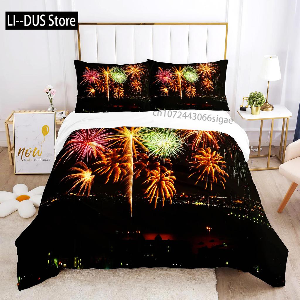Colourful Fires Bedding Set Washed Cotton Firework Duvet Cover Queen Size Celebrate Merry Christmas Theme Soft Comforter Cover