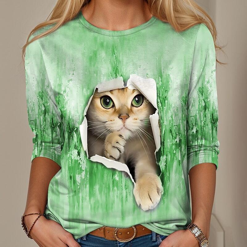 

Летний топ с круглым вырезом и принтом в виде 3D-кошки, модные и повседневные женские футболки с длинными рукавами 5XL
