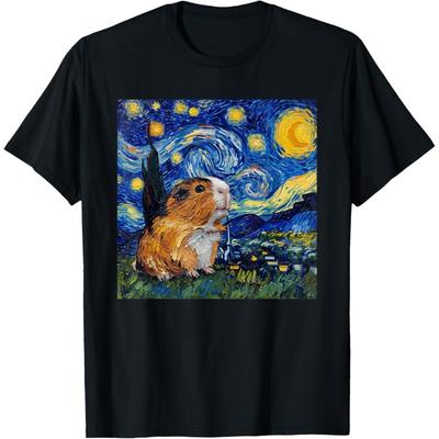 T-shirt Graphique Cochon d'Inde Style Van Gogh Nuit Étoilée