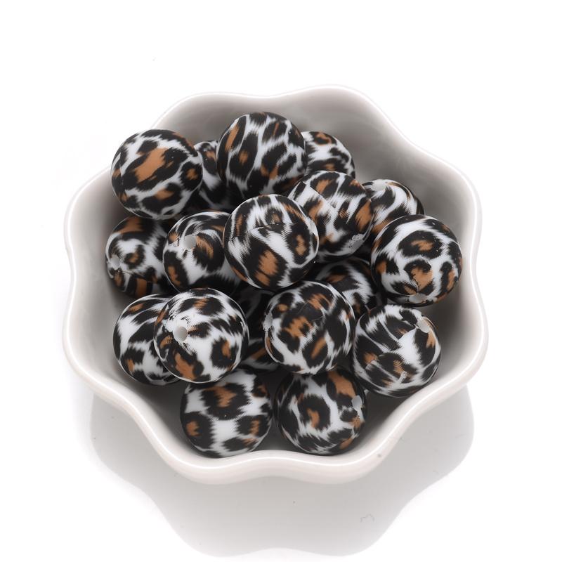 10Pcs 15mm Colorful Print Leopard Pattern Silicone Beads Ball Shape Teething Jewelry Beads For Teether Pacifier Chain Necklace