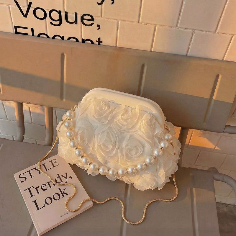 Ladies' Handbag, Women's Light Luxury Socialite Style Dinner Bag, Sequin Clip on Pearl Chain Handbag, Lace Flower Wedding Bag