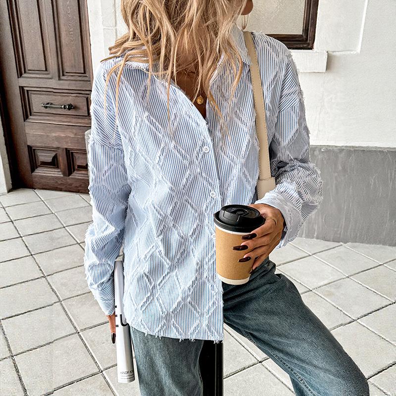 YYFS Women's Fashion Casual Spring Autumn Stripe Print Long Sleeve POLO Neck Blouses & Shirts