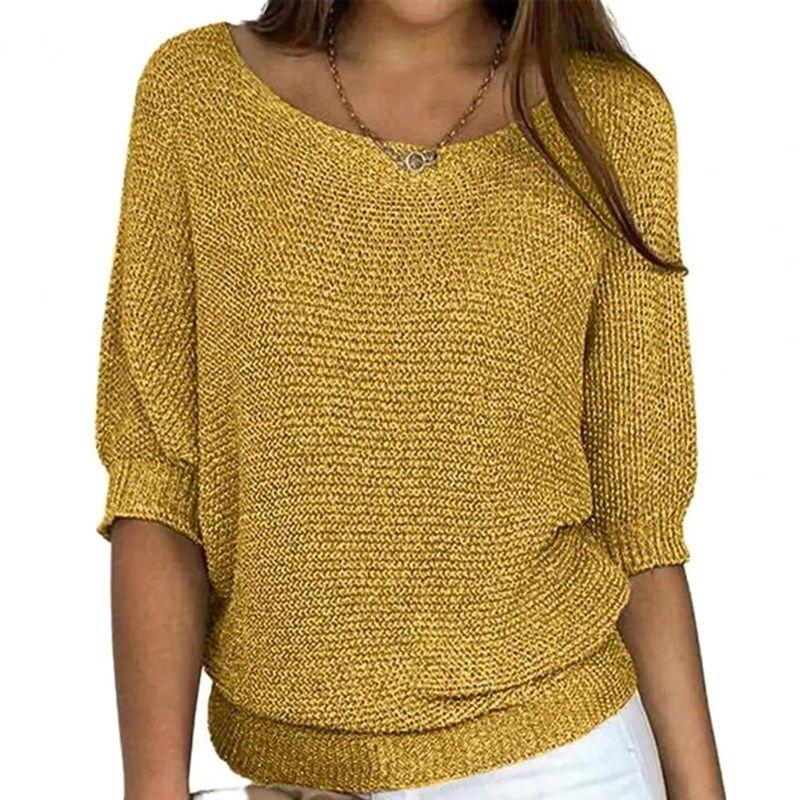 

Women Autumn Winter Solid Color Knitting Sweater O-Neck 3/4 Yellow 4XL(4XL)