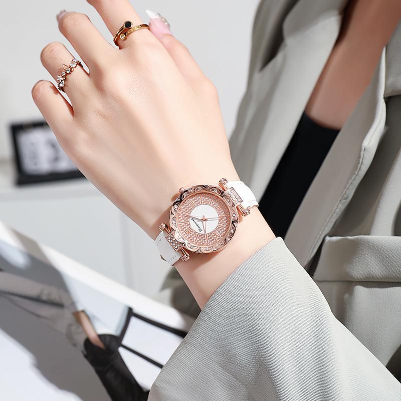 Damen Quarzuhr mit Strass-Zifferblatt und Lederarmband