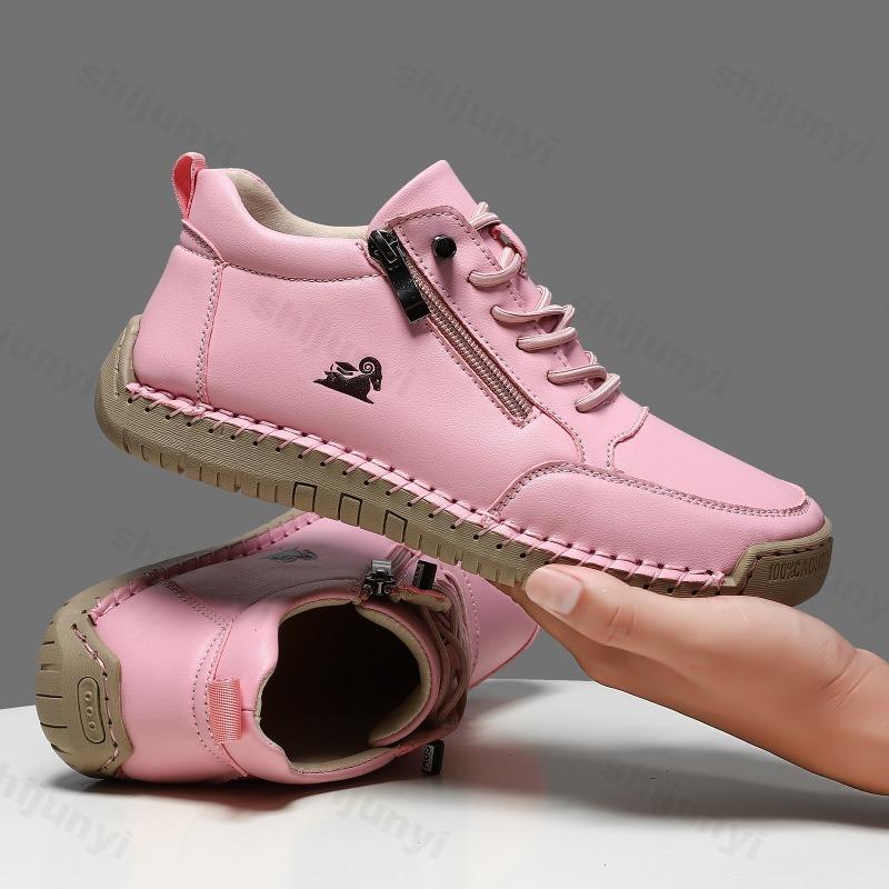 Women Sports Shoes 2026 New Outdoor Hiking Flat Bottomed Comfortable Casual Driving Shoes Soft Sole Zipper Fashion Leather Shoes