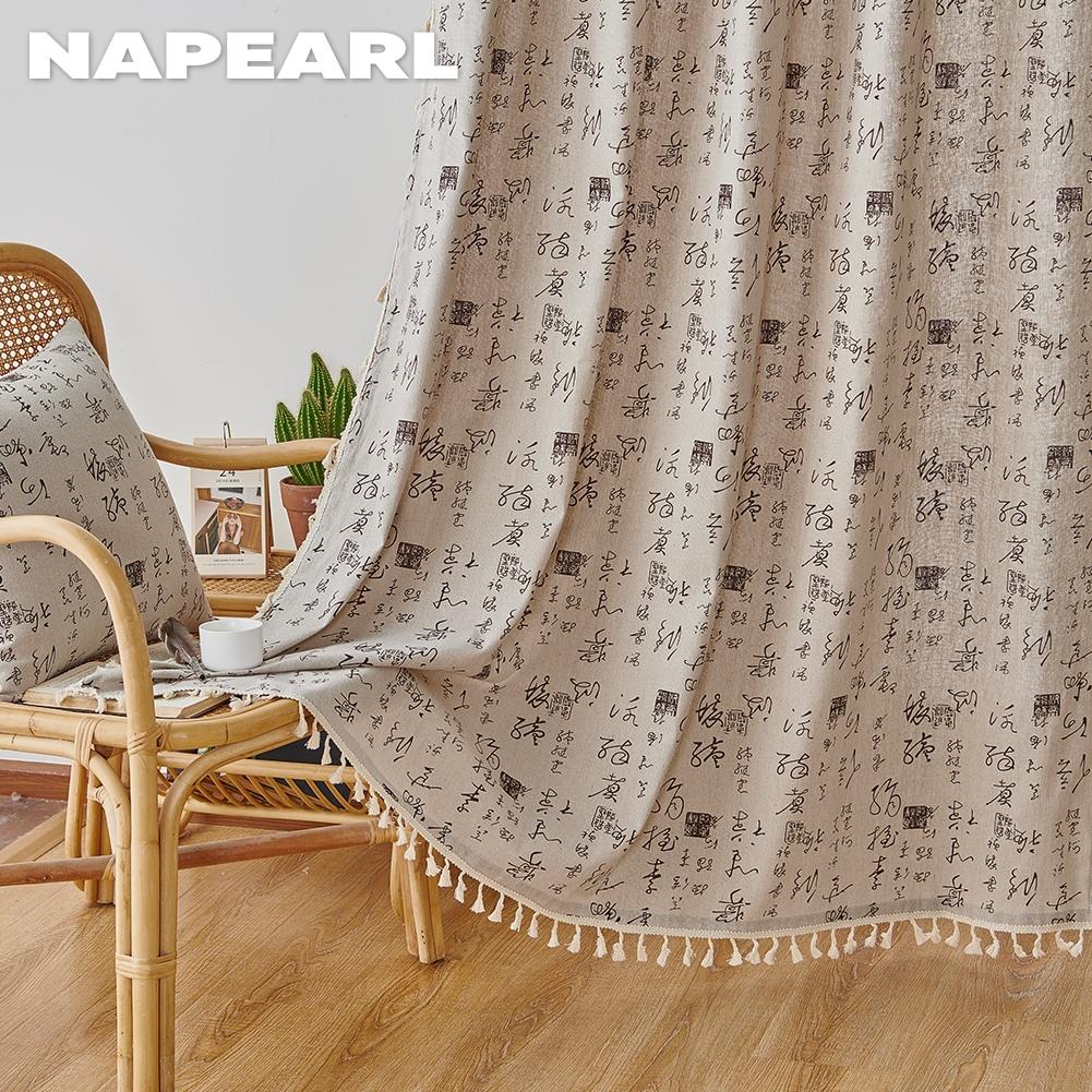 1PC NAPEARL Artistic Chinese Calligraphy Pattern Tassel Decoration Semi Blackout Curtain for Windows Balcony Bedroom and Living Room Home Decor