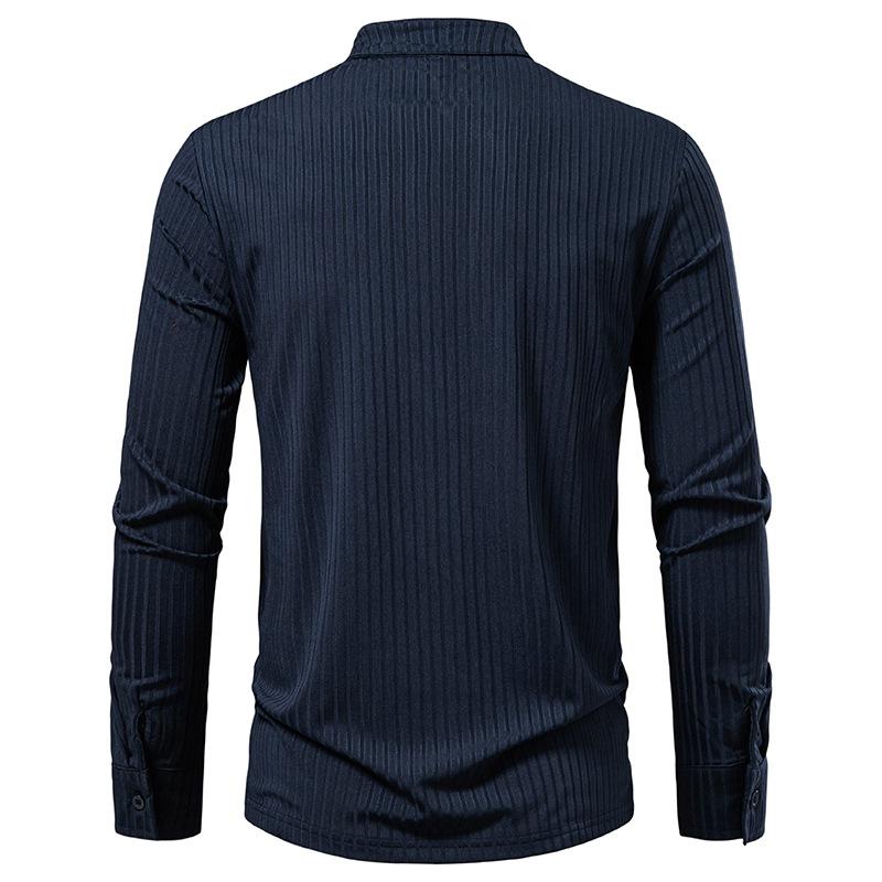 Men's Lace-Up Stand Collar Striped Shirt Long Sleeve Casual Top for Men Spring Autumn Fashion Multi-Color Textured Male Blouse