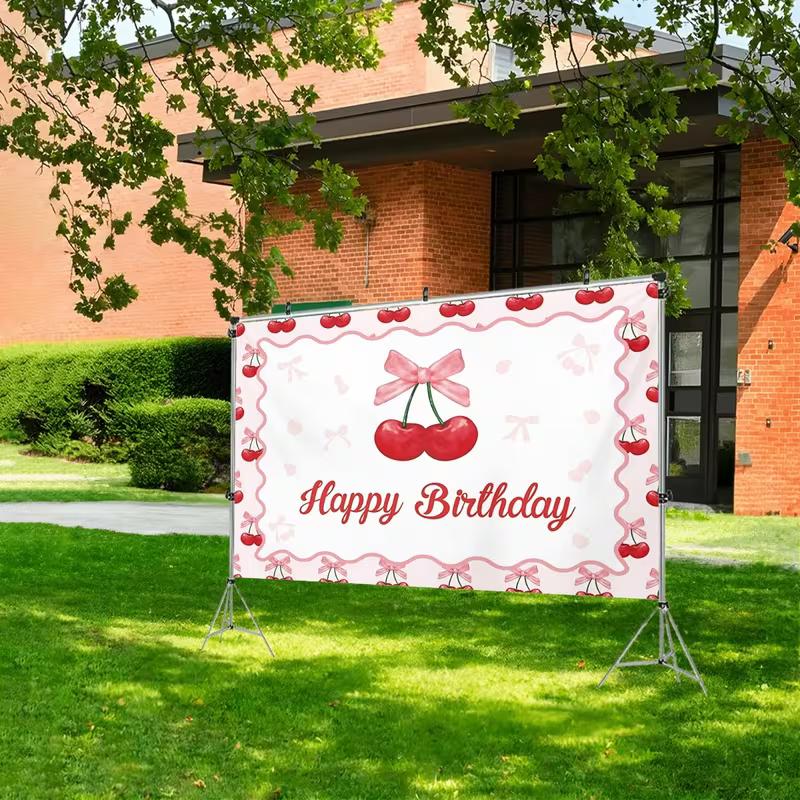 2D Watercolor Cherry with Pink Bow Happy Birthday Backdrop