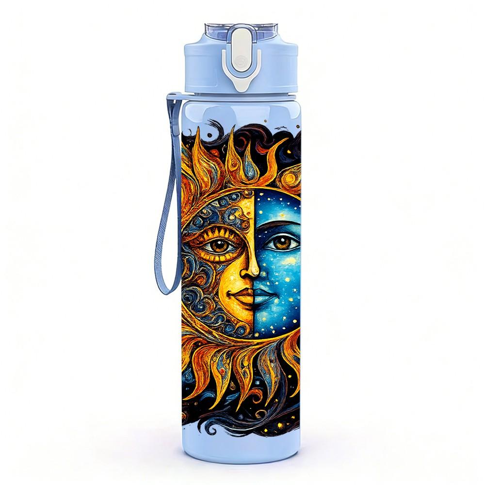 1PC Sun Moon Face Bohemian Art Print 750ml Color Plastic Sports Water Bottle Leakproof Flip Straw Lid Suitable for Sports Office Home Use