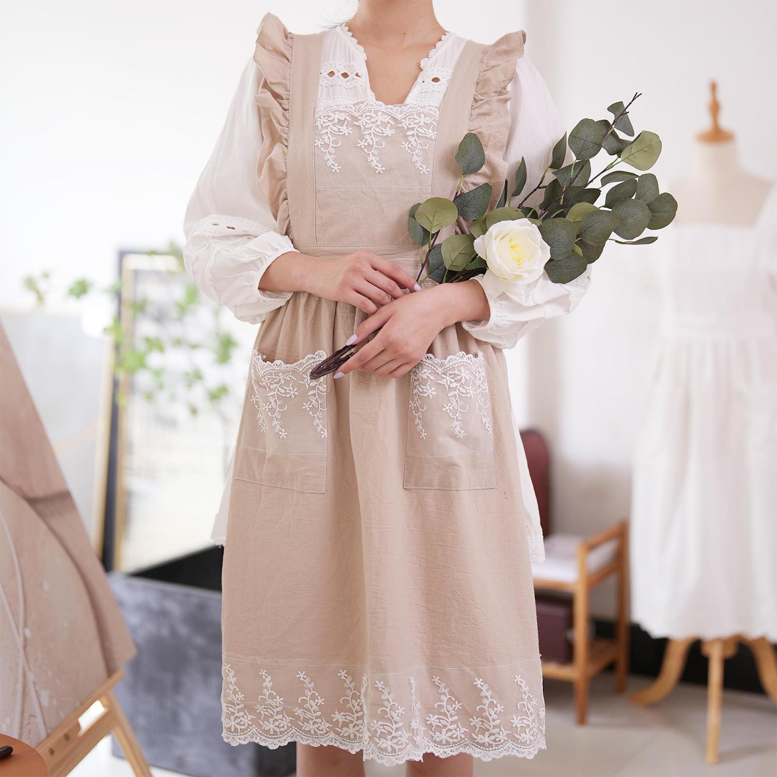 

Leisure And Fashion Home Floral Art Japanese Gardening Baking Lace Sleeveless Apron One Size бежевый