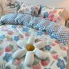 Three-piece Set Korean Girl Heart Cute Rabbit Berry Four-piece Set Simple Checkerboard Bed Sheet Blue Quilt Cover