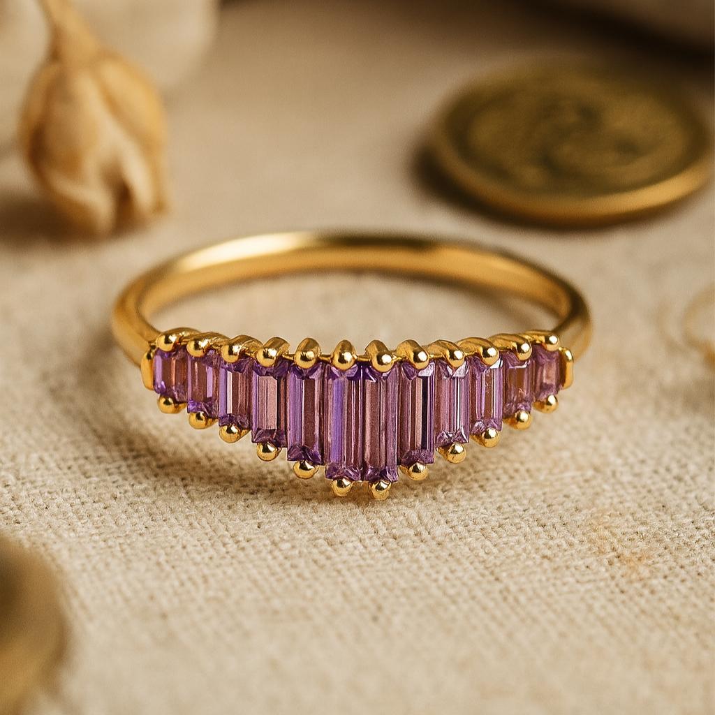 Baguette Amethyst Promise Ring, February Birthstone Ring, Yellow Gold Plated Silver , Perfect Gift For Her