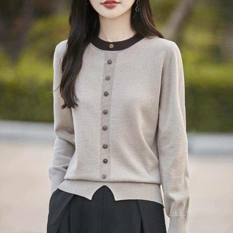 Reiner Baumwoll-Kontrast-Rundhals-Pullover für Damen im Herbst- und Winterstil, modisch, vielseitig und bequem, Basis-Shirt-Pullover-Oberteil