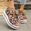 Women's Leopard Print Platform Sandals - Open-Toe Lace-Up Summer Shoes with Thick Cushioned TPU Sole, Breathable