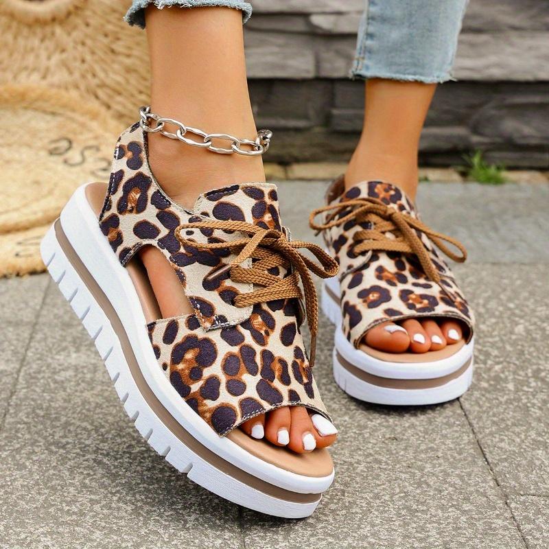 Women's Leopard Print Platform Sandals - Open-Toe Lace-Up Summer Shoes with Thick Cushioned TPU Sole, Breathable