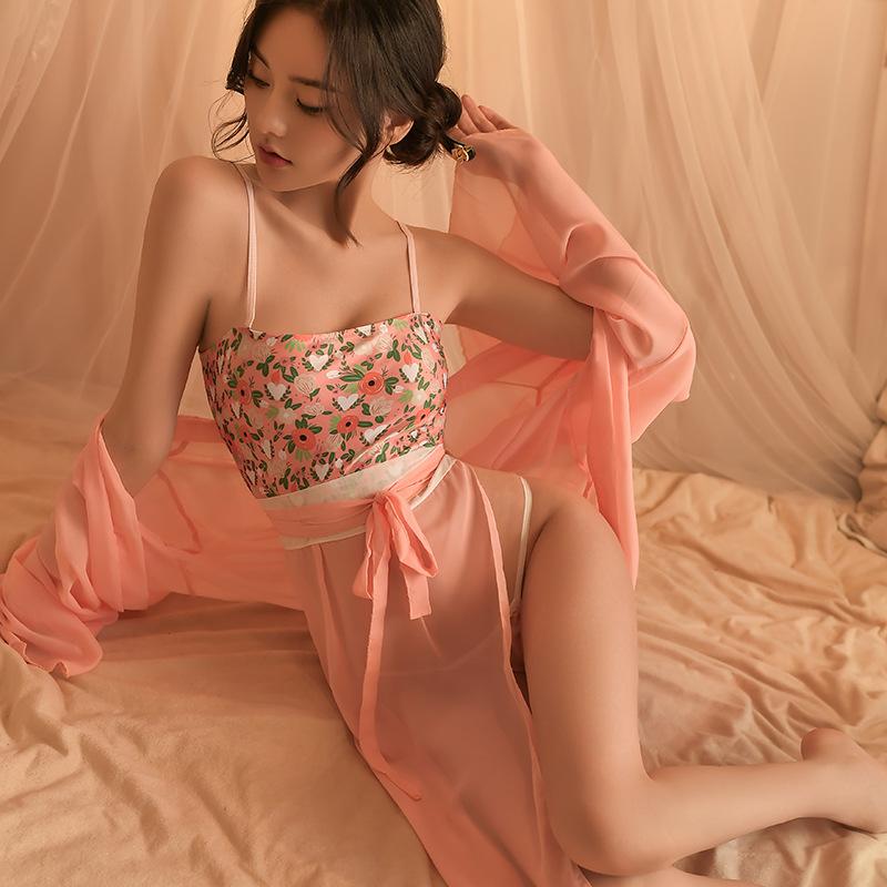 Ancient costume flower drunk hanfu seduction suit pajamas female sexy ancient belly pocket uniform chiffon yarn transparent nightdress