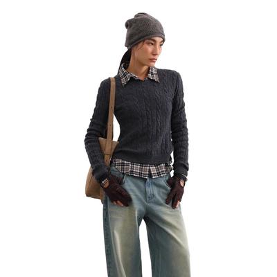 GREEN BELT Women's Retro Cable Knit V-Neck Merino Wool Sweater
