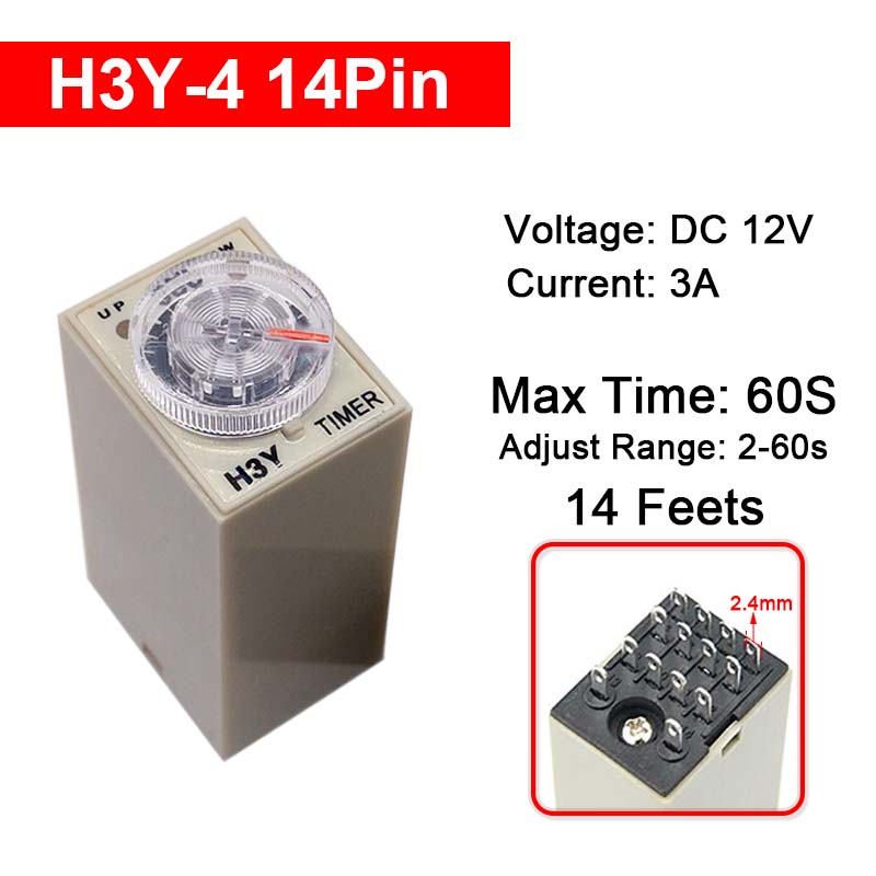 1 Pc H3Y-4 Small Time Delay Relay DC12 24V 14Pin Electricity Delay Type Power-on Delay Rotary Knob 1S/5S/10S/30S/60S/5M/10M/30M Relays 5