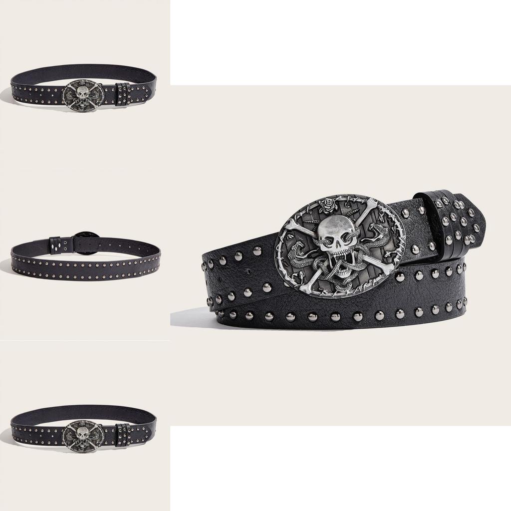 Punk Skull Leather Belt For Men With Metal Snap Closure For Casual Streetwear
