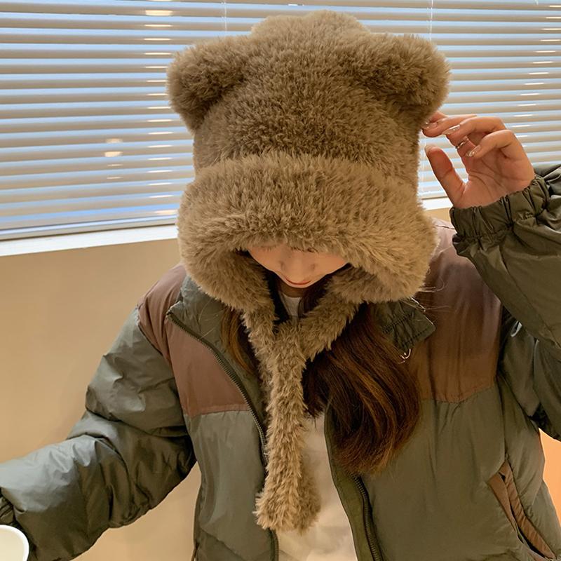 Autumn And Winter  Bear Ear Strap Lei Feng Hat Women'S Korean Cute Warm Ear Protection Knitted Wool Hat