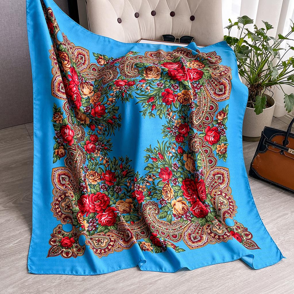 Women Russian Floral Scarf Ethnic Style Square Bandana Head Scarves Ladies Handkerchief Headband Silk Scarf Hair Wraps