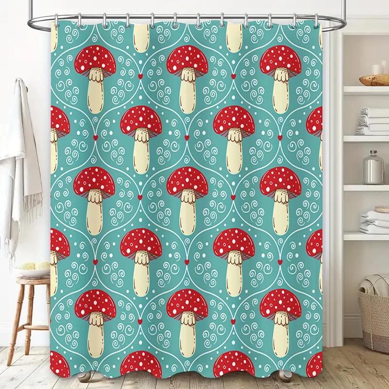 Red White Mushroom Pattern Bathroom Shower Curtain Turquoise Blue Fabric Decorative Waterproof Bath Mat Cover Home Decor W90xH180cm
