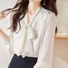 Navava Women Elegant Ribbon Neck Shirred Long Sleeve Blouse Nb3013