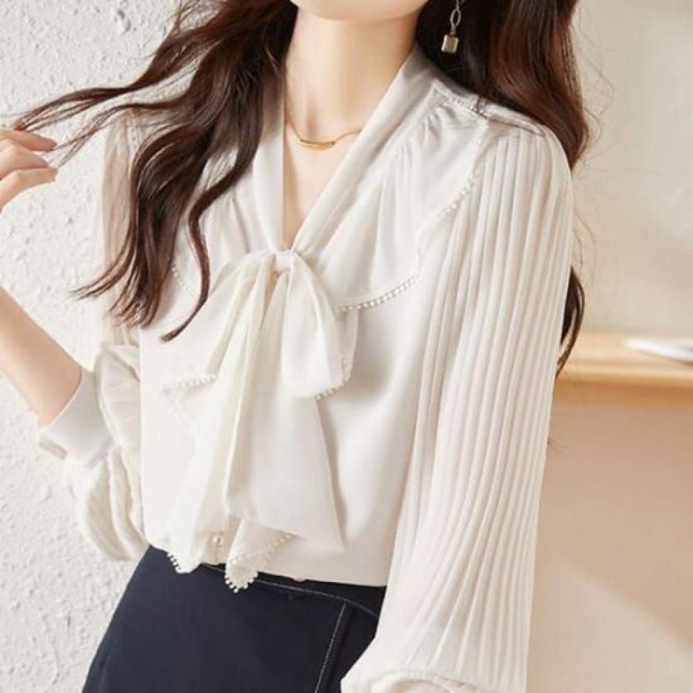 Navava Women Elegant Ribbon Neck Shirred Long Sleeve Blouse Nb3013