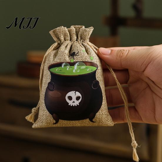 Pumpkin Theme Party Supplies 2PCS Halloween Drawstring Treat Bags, Cartoon Faux Linen Trick or Gift Pouches Sacks, Kids Candy Storage for Favors Cute