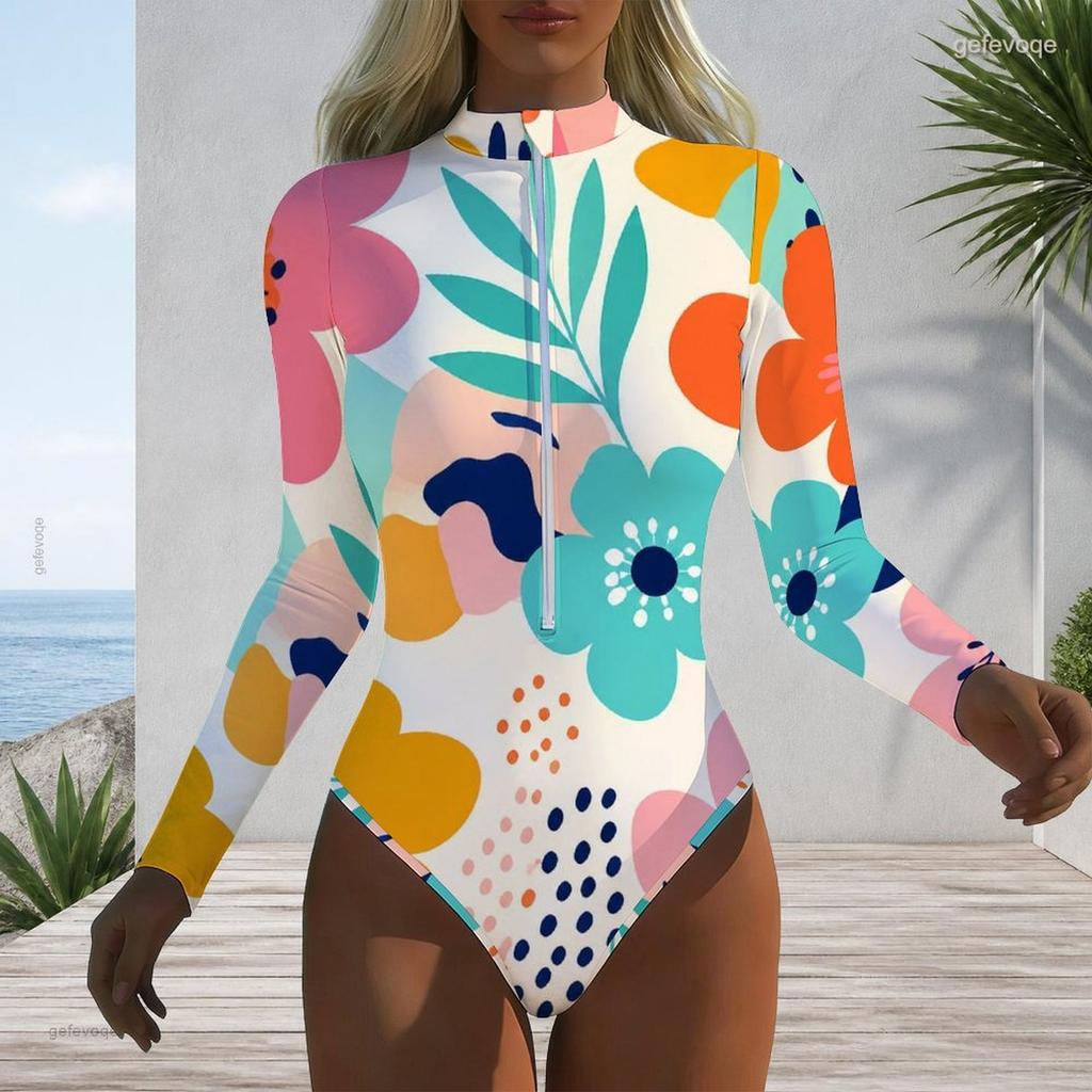 Women Plus Size Long Sleeve High Neck Half Zip Floral Print One Piece Swimsuit