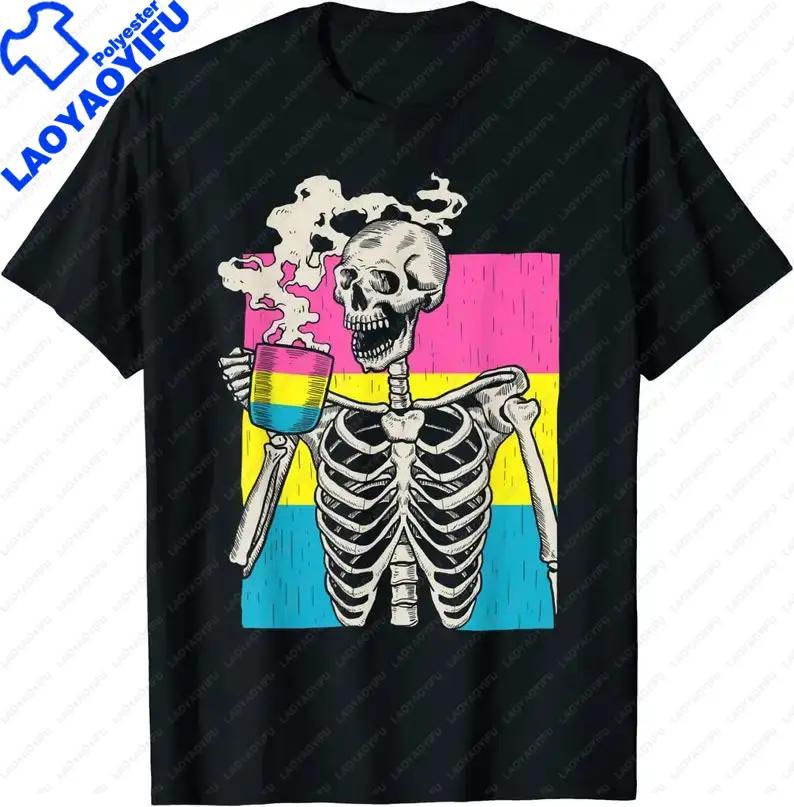 Skeleton Drinking Coffee LgbtQ Pansexual Pride Pan Flag Graphic Tshirts Novelty Trend Cartoon Classic Ropa Hombre