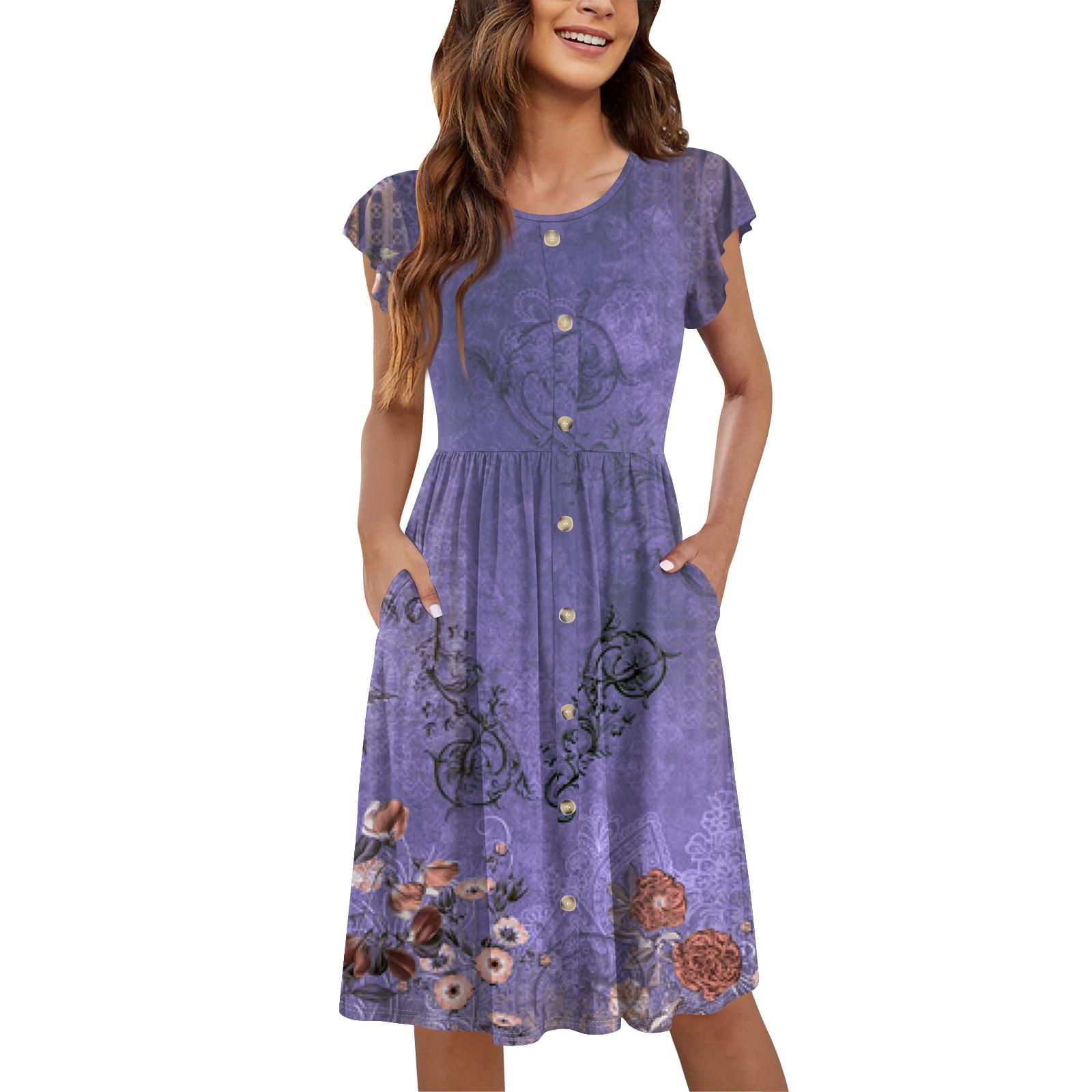 

Женские летние платья с круглым вырезом и рукавами-крылышками, повседневные свободные платья-миди с карманами на пуговицах и принтом M фиолетовый