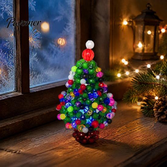 Decorative Holiday Charms Handmade Beaded Christmas Tree Ornament, Sparkly Crystal Bead Mini Art for Holidays Tabletop Decor, Hand-Woven Xmas Desktop
